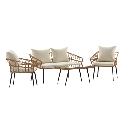 Evin Boho 4 Piece Indoor/Outdoor Rope Rattan Patio Conversation Set with Tempered Glass Top Coffee Table and Cushions