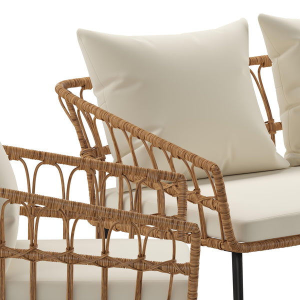 Cream Cushions/Natural Frame |#| All-Weather 4 Piece Rope Rattan Patio Seating Set with Cushions - Natural/Cream