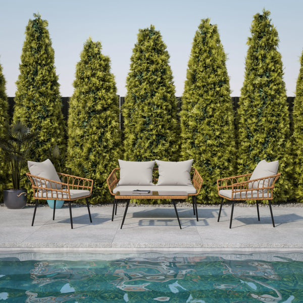 Gray Cushions/Natural Frame |#| All-Weather 4 Piece Rope Rattan Patio Seating Set with Cushions - Natural/Gray