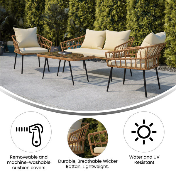 Cream Cushions/Natural Frame |#| All-Weather 4 Piece Rope Rattan Patio Seating Set with Cushions - Natural/Cream