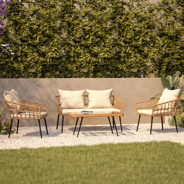 Cream Cushions/Natural Frame |#| All-Weather 4 Piece Rope Rattan Patio Seating Set with Cushions - Natural/Cream