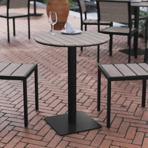 Gray |#| Commercial 24 Inch Round Faux Teak Outdoor Patio Dining Table - Gray/Gray