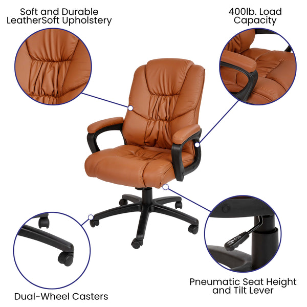 Brown |#| Big & Tall 400 lb. Rated Brown LeatherSoft Office Chair - Executive Office Chair