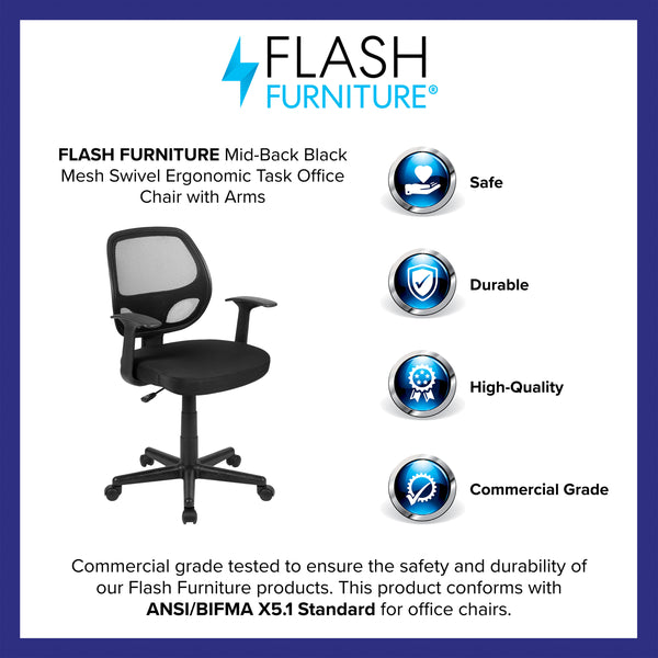 Black |#| Flash Fundamentals Mid-Back Black Mesh Swivel Ergonomic Task Office Chair - Arms