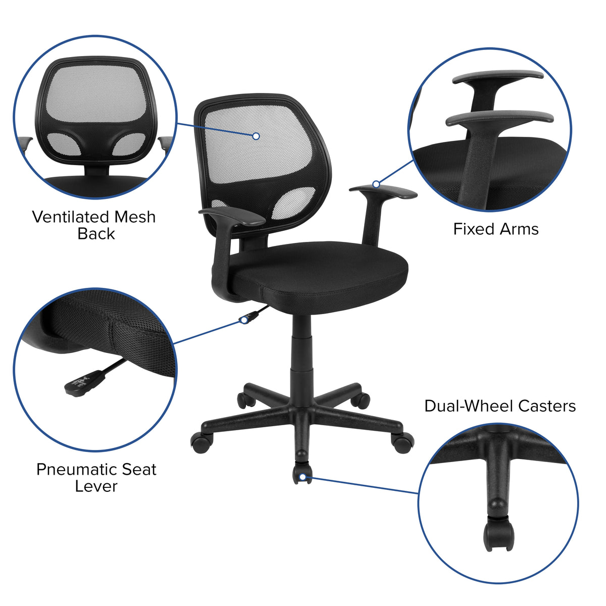 Black |#| Flash Fundamentals Mid-Back Black Mesh Swivel Ergonomic Task Office Chair - Arms