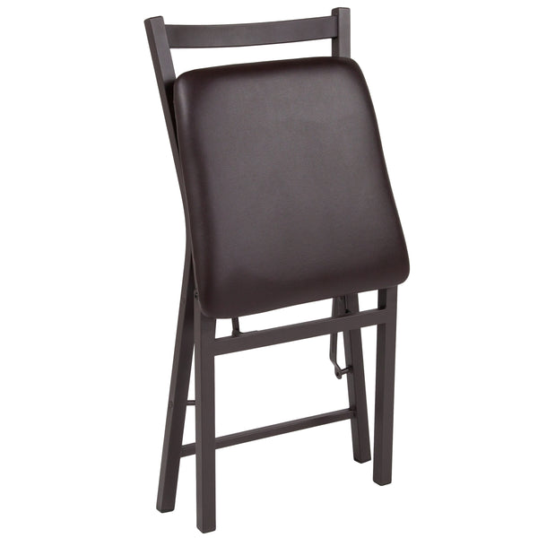Brown Folding Ladder Back Metal Chair with Brown Vinyl Seat - Dining Furniture