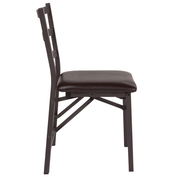 Brown Folding Ladder Back Metal Chair with Brown Vinyl Seat - Dining Furniture