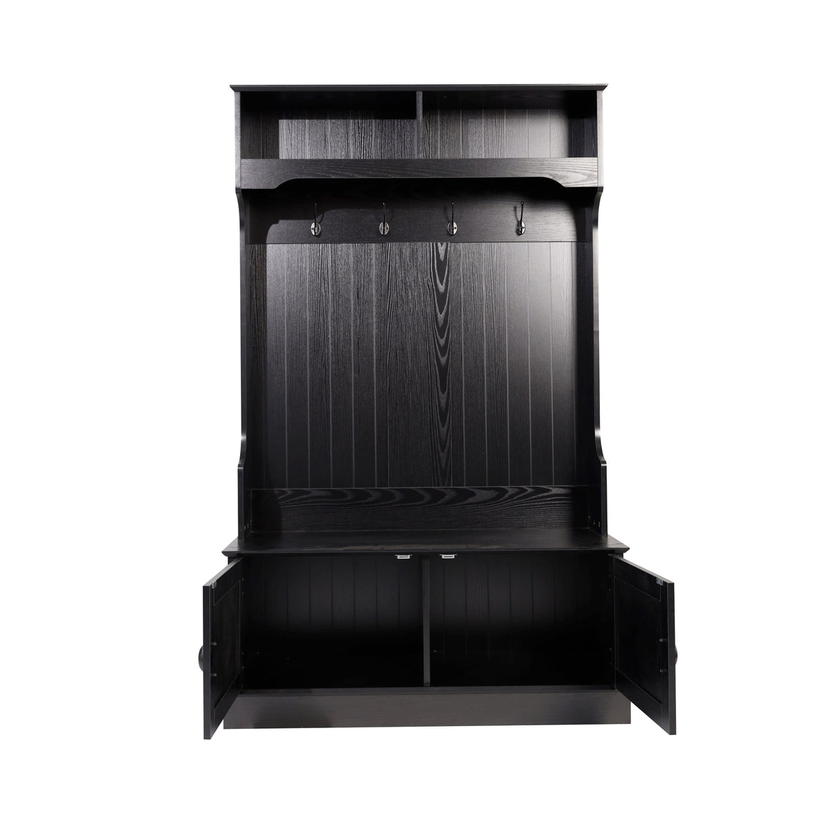 Black |#| 40" Wide 4 Hook Hallway Tree with Storage Bench and Upper Cubbies in Black