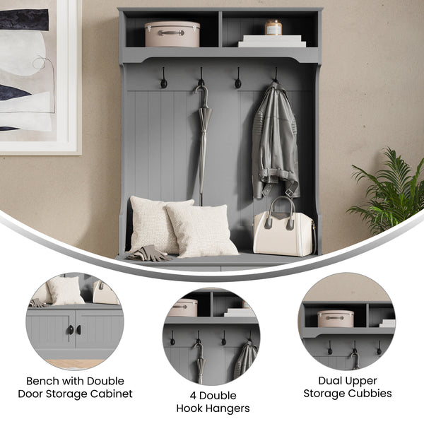 Gray |#| 40" Wide 4 Hook Hallway Tree with Storage Bench and Upper Cubbies in Gray