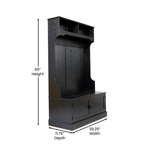 Black |#| 40" Wide 4 Hook Hallway Tree with Storage Bench and Upper Cubbies in Black