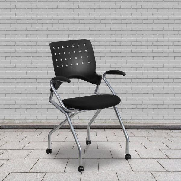 Black Fabric |#| Galaxy Mobile Nesting Chair with Curved Back and Black Fabric Seat with Arms