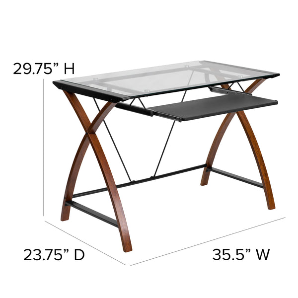 Clear Top/Cherry Frame |#| Glass Computer Desk with Pull-Out Keyboard Tray and Crisscross Frame