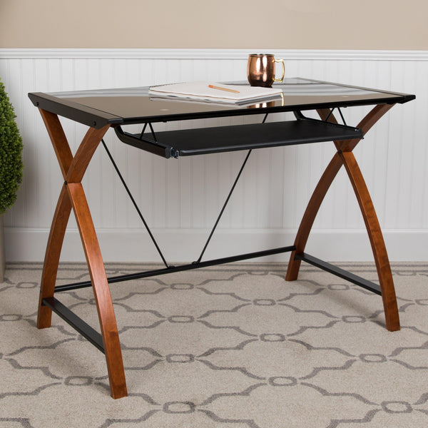 Black Top/Cherry Frame |#| Black Glass Computer Desk with Pull-Out Keyboard Tray and Crisscross Frame