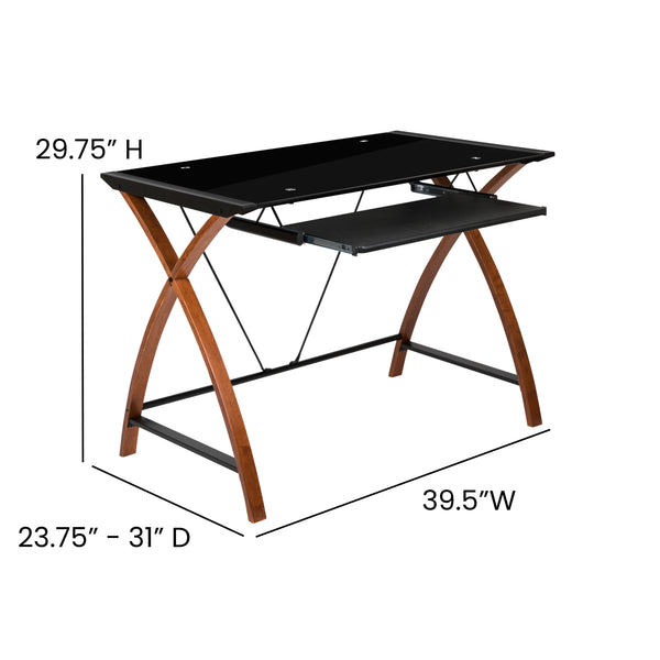 Black Top/Cherry Frame |#| Black Glass Computer Desk with Pull-Out Keyboard Tray and Crisscross Frame