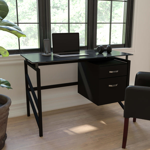 Two Drawer Pedestal Desk with Black Tempered Glass Top and Black Metal Frame