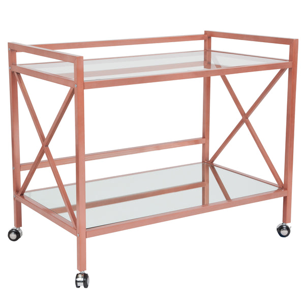 Rose Gold Metal Kitchen Bar Cart with Glass Shelves and X-Frame