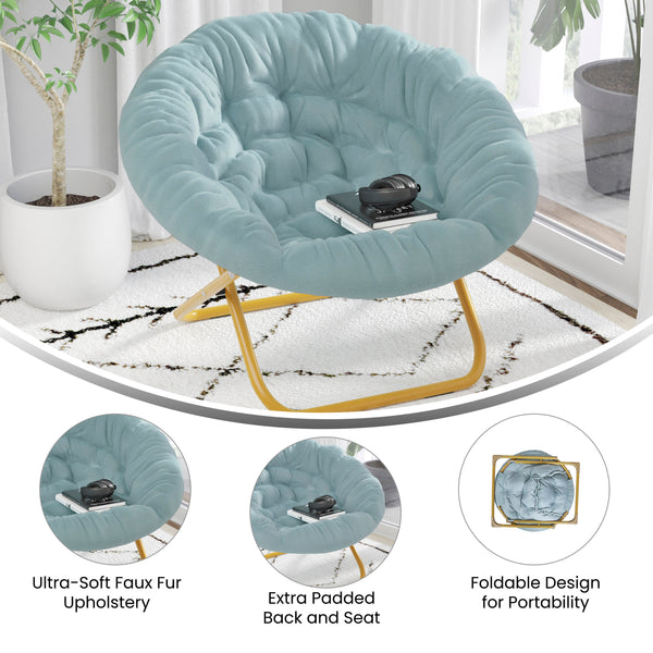 Dusty Aqua Faux Fur/Soft Gold Frame |#| Folding XL Faux Fur Saucer Chair for Dorm or Bedroom - Dusty Aqua/Soft Gold