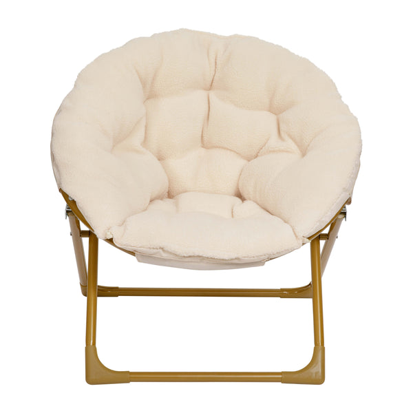 Ivory Faux Fur/Soft Gold Frame |#| Kids Folding Faux Fur Saucer Chair for Playroom or Bedroom-Ivory/Soft Gold