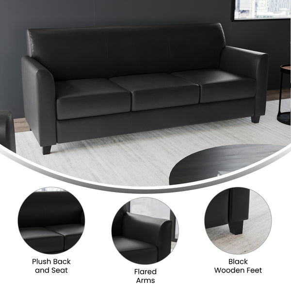 Black |#| Black LeatherSoft Sofa with Clean Line Stitched Frame - Reception Seating