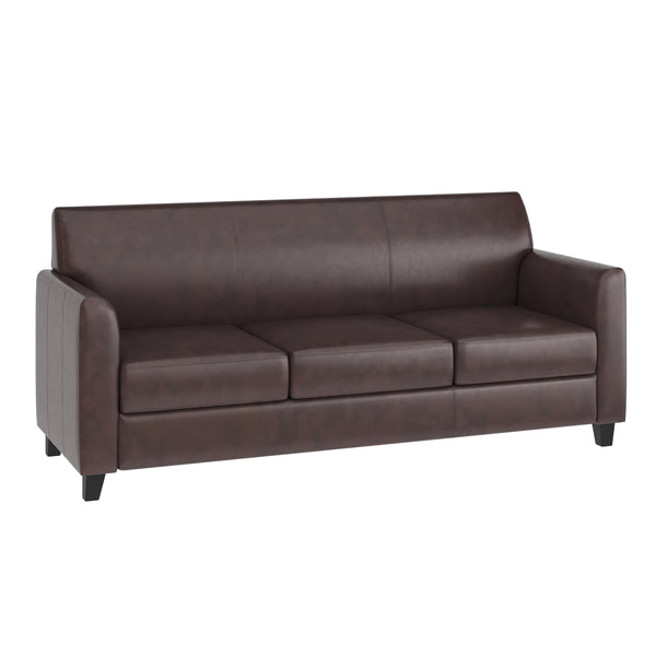 Brown |#| Brown LeatherSoft Sofa with Clean Line Stitched Frame - Reception Seating