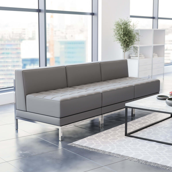 Gray |#| 3 Piece Gray LeatherSoft Modular Reception Lounge Set - Reception Bench