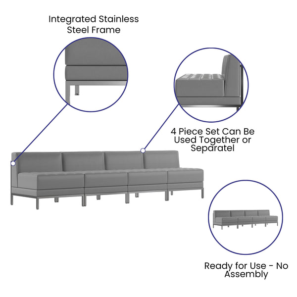 Gray |#| 4 Piece Gray LeatherSoft Modular Reception Lounge Set - Reception Bench