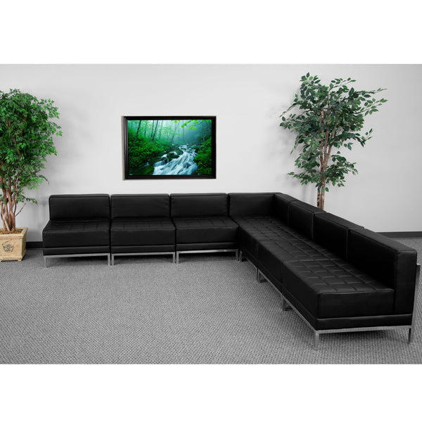 Black |#| 7 Piece Black LeatherSoft Modular Sectional Configuration - Stainless Steel Legs