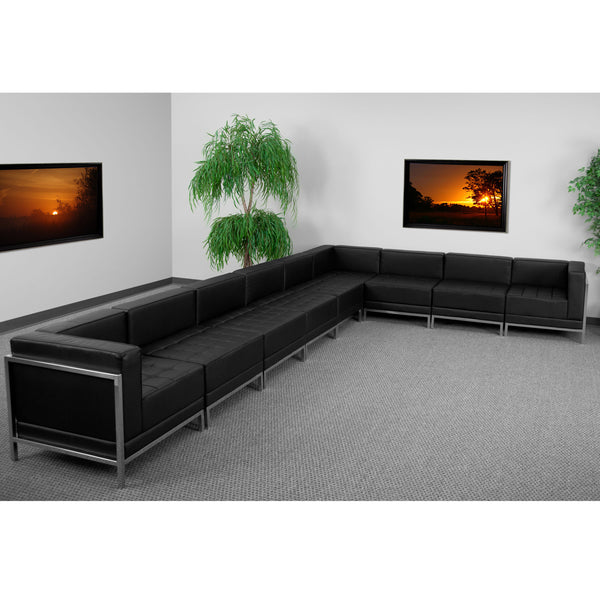 Black |#| 9 Piece Black LeatherSoft Modular Sectional Configuration - Stainless Steel Legs