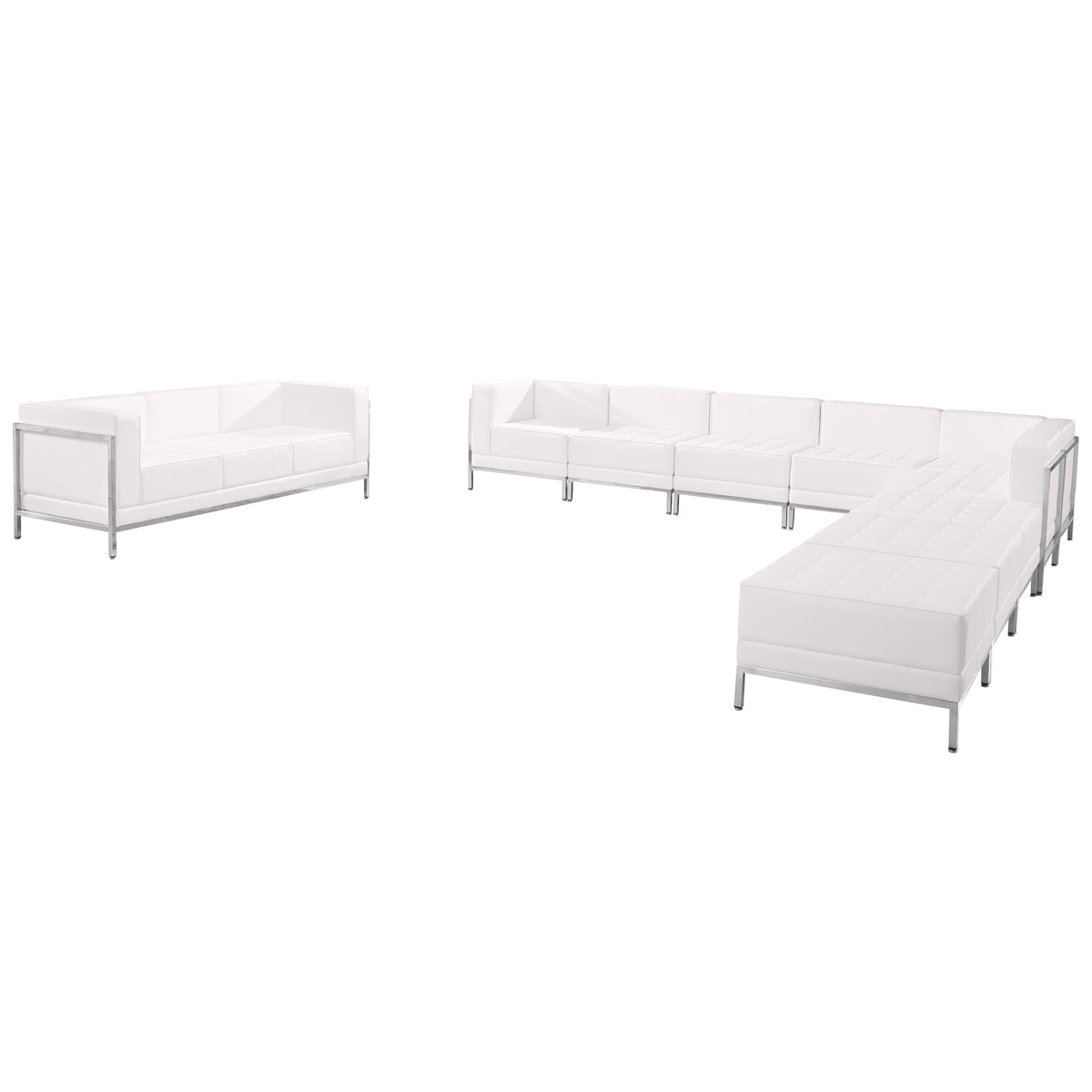 Melrose White |#| 10 Piece White LeatherSoft Modular Sectional & Sofa Set - Stainless Steel Legs