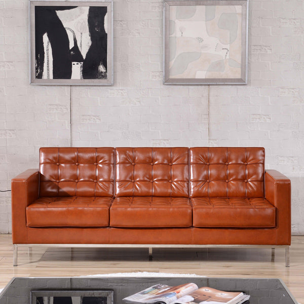 Cognac |#| Button Tufted Cognac LeatherSoft Sofa with Integrated Stainless Steel Frame