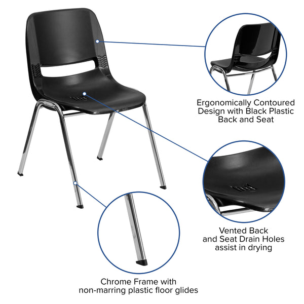 Black Plastic/Chrome Frame |#| 661 lb. Capacity Black Ergonomic Stack Chair with Chrome Frame-16inch Seat Height