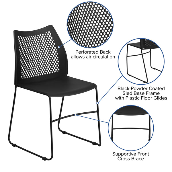 Black |#| 661 lb. Capacity Black Sled Base Stack Chair with Air-Vent Back