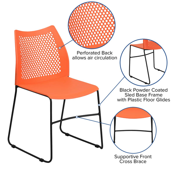 Orange |#| 661 lb. Capacity Orange Sled Base Stack Chair with Air-Vent Back