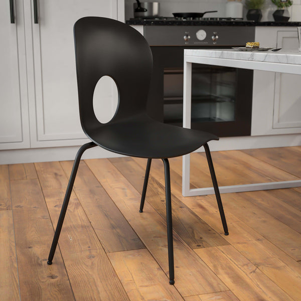 Black |#| 770 lb. Capacity Designer Black Plastic Stack Chair with Black Frame