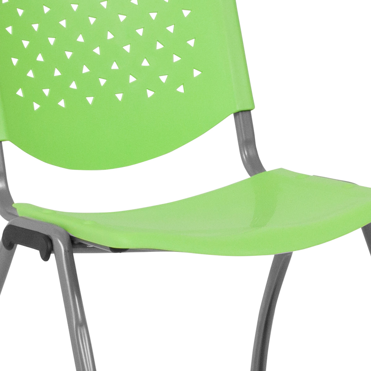 Green |#| 880 lb. Capacity Green Perforated Back Plastic Stack Chair with Gray Frame