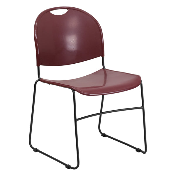 Burgundy Plastic/Black Frame |#| 880 lb. Capacity Burgundy Ultra-Compact Stack Chair with Black Frame