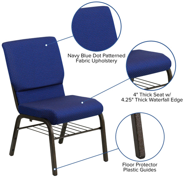 Auditorium Chair - 19inch Seat - Navy Dot Fabric/Gold Vein Frame - Book Rack