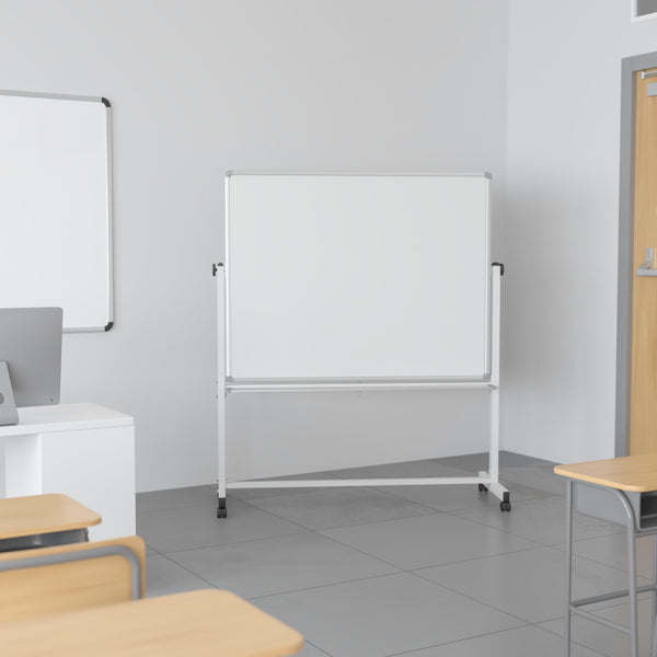 53"W x 62.5"H |#| 53"W x 62.5"H Double-Sided Mobile White Board with Shelf - Flip Over Board