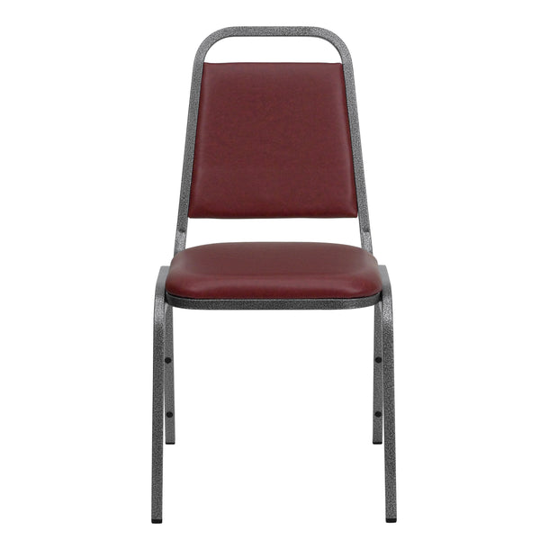 Burgundy Vinyl/Silver Vein Frame |#| Trapezoidal Back Stacking Banquet Chair in Burgundy Vinyl with 1.5inch Thick Seat