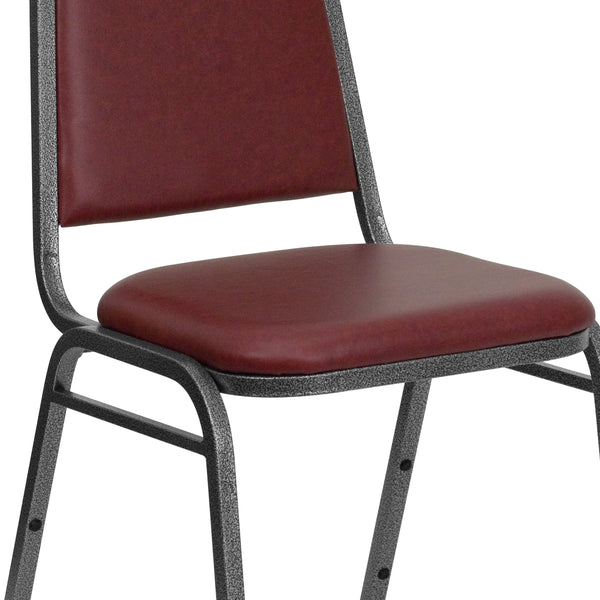 Burgundy Vinyl/Silver Vein Frame |#| Trapezoidal Back Stacking Banquet Chair in Burgundy Vinyl with 1.5inch Thick Seat