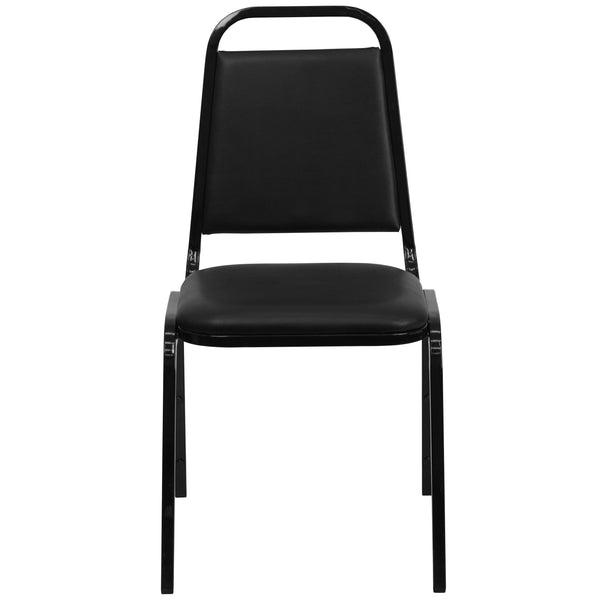 Black Vinyl/Black Frame |#| Trapezoidal Back Stacking Banquet Chair in Black Vinyl with 1.5inch Thick Seat