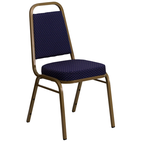 Navy Patterned Fabric/Gold Frame |#| Trapezoidal Back Stacking Banquet Chair in Navy Patterned Fabric - Gold Frame