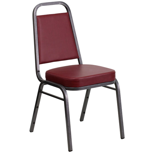 Burgundy Vinyl/Silver Vein Frame |#| Trapezoidal Back Stacking Banquet Chair in Burgundy Vinyl with 2.5" Thick Seat