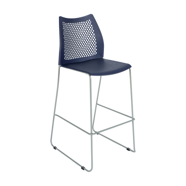 Navy Plastic/Gray Frame |#| Stackable Sled Base Barstool with Vented Back and Integrated Footrest in Navy