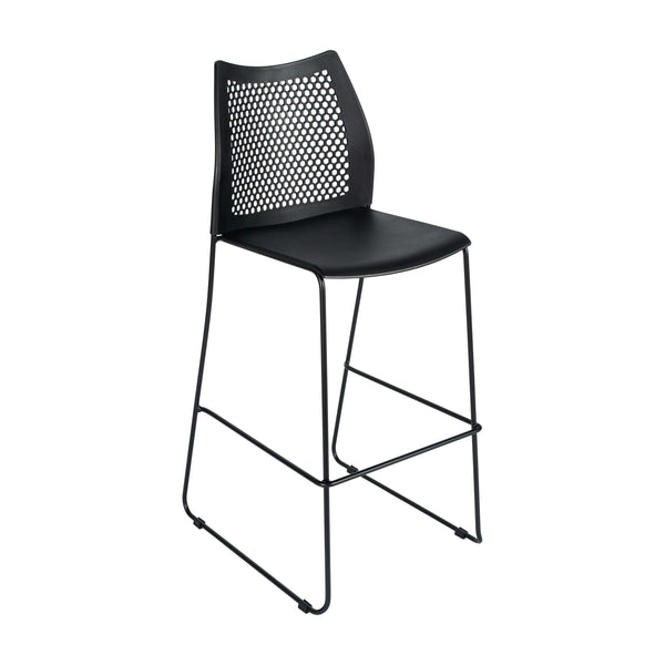 Black Plastic/Black Frame |#| Stackable Sled Base Barstool with Vented Back and Integrated Footrest in Black
