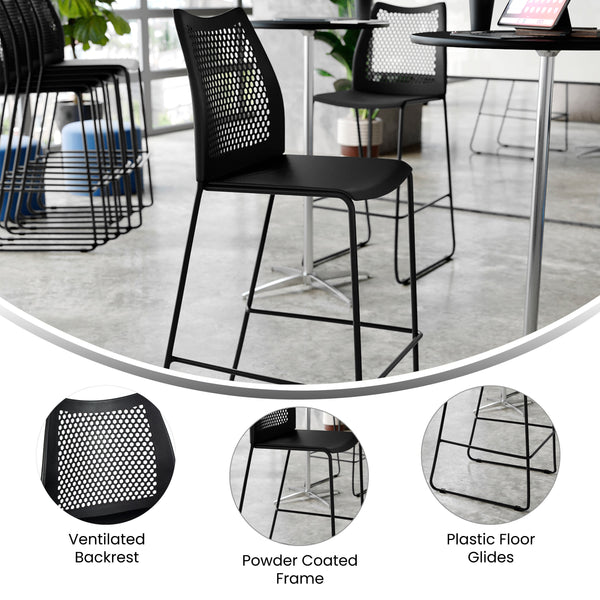 Black Plastic/Black Frame |#| Stackable Sled Base Barstool with Vented Back and Integrated Footrest in Black