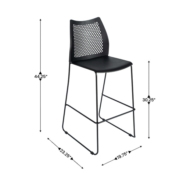 Black Plastic/Black Frame |#| Stackable Sled Base Barstool with Vented Back and Integrated Footrest in Black