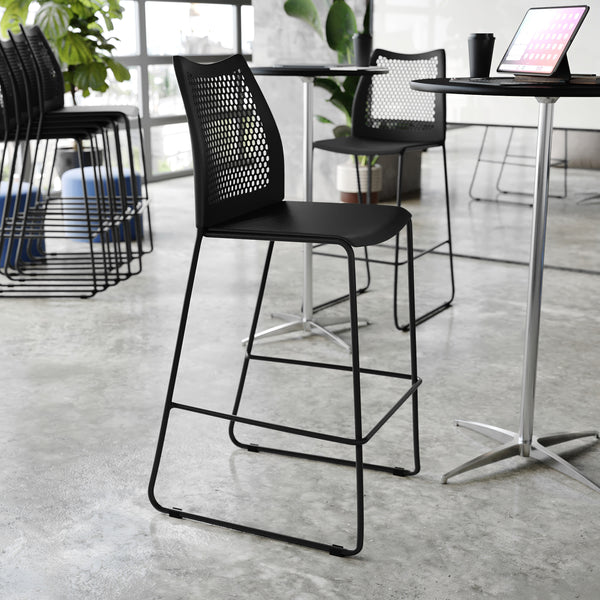 Black Plastic/Black Frame |#| Stackable Sled Base Barstool with Vented Back and Integrated Footrest in Black