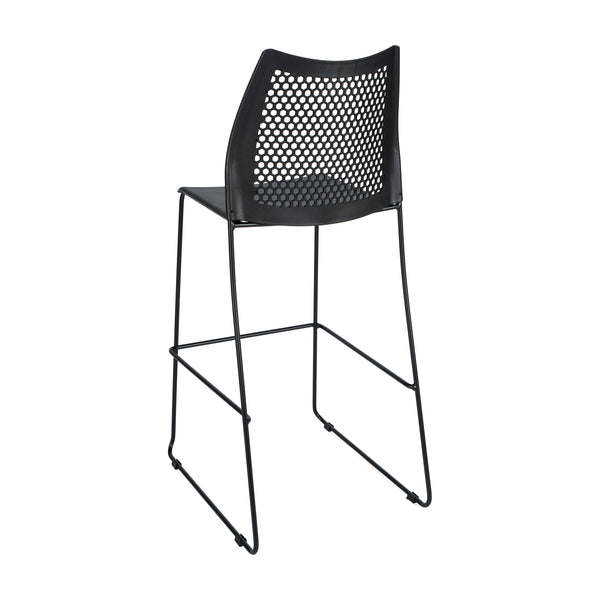 Black Plastic/Black Frame |#| Stackable Sled Base Barstool with Vented Back and Integrated Footrest in Black