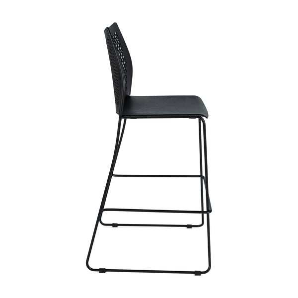 Black Plastic/Black Frame |#| Stackable Sled Base Barstool with Vented Back and Integrated Footrest in Black